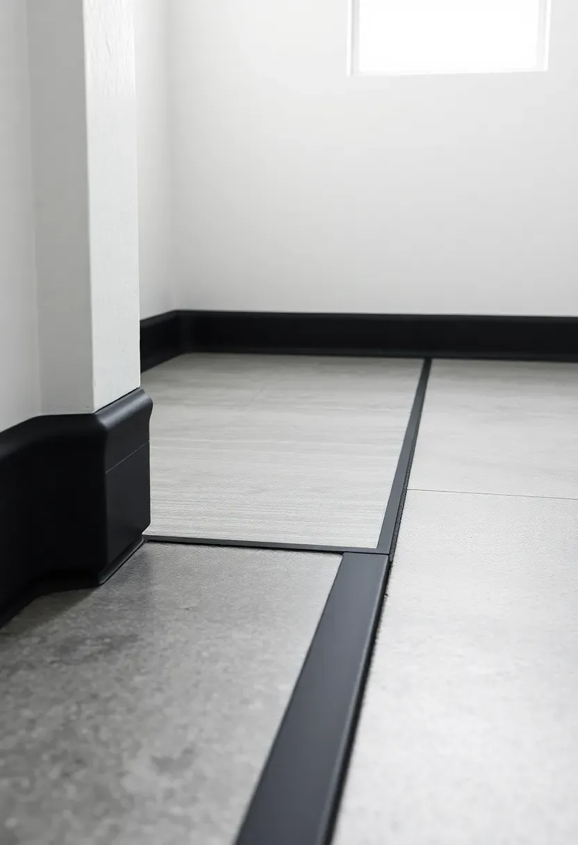 Black rubber cove base trim installed in a minimalist industrial bathroom with concrete floors and white walls