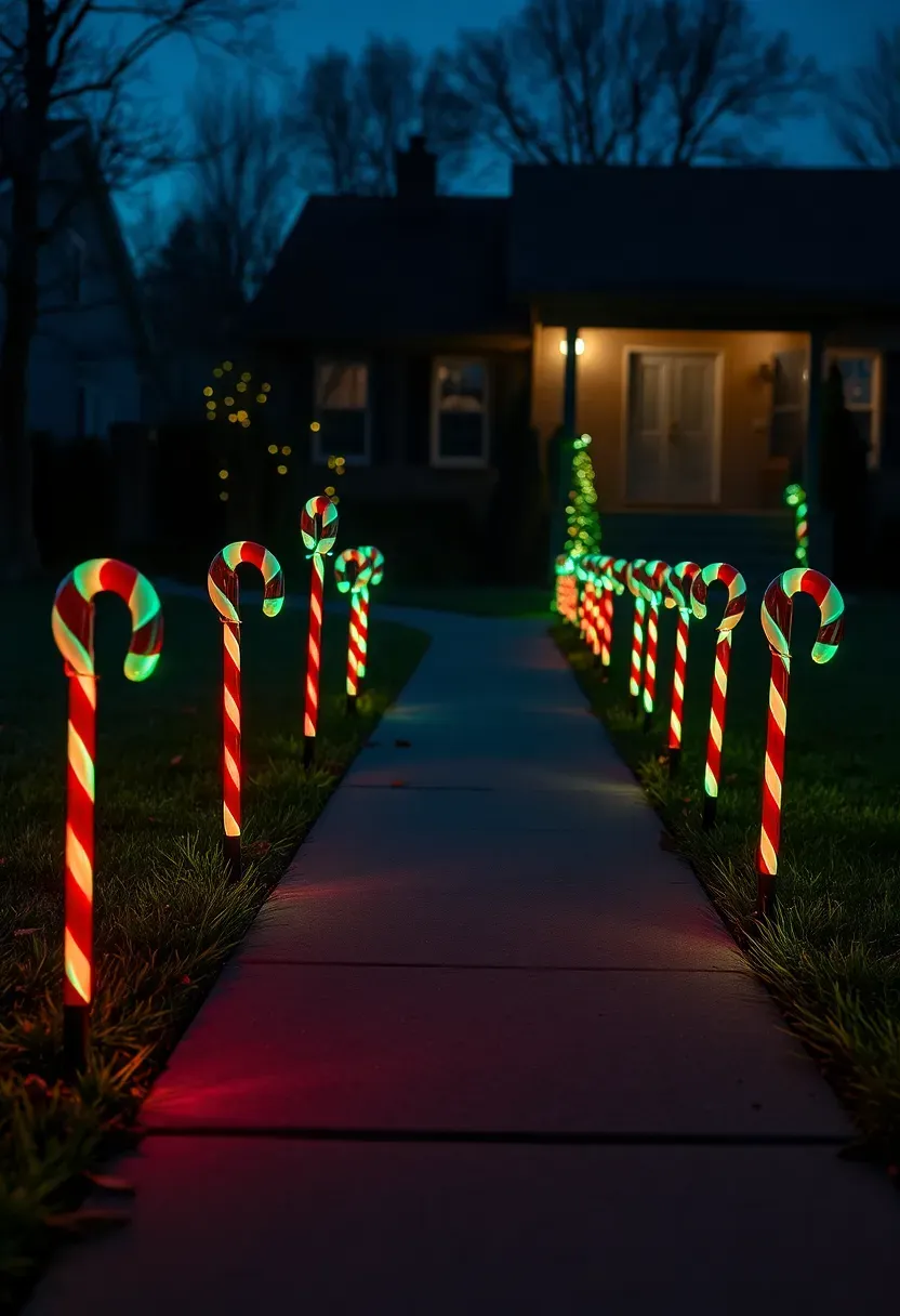 Hyper-realistic elevated angle view of a residential front walkway featuring alternating red and green candy-cane style stake lights lining both sides of a concrete paver path leading to a lit front porch. Materials: powder-coated metal stakes with translucent candy stripe covers, concrete pavers, manicured lawn edges, scattered leaves, warm porch light visible at destination. Natural evening darkness with festive red and green glow illuminating path edges, cool blue ambient sky above, shadows extending across lawn. Playful traditional mood like classic suburban holiday display. Shallow depth of field, sharp details on nearest stakes, leading-line composition drawing eye to porch, soft shadows, no text or watermarks.</p>