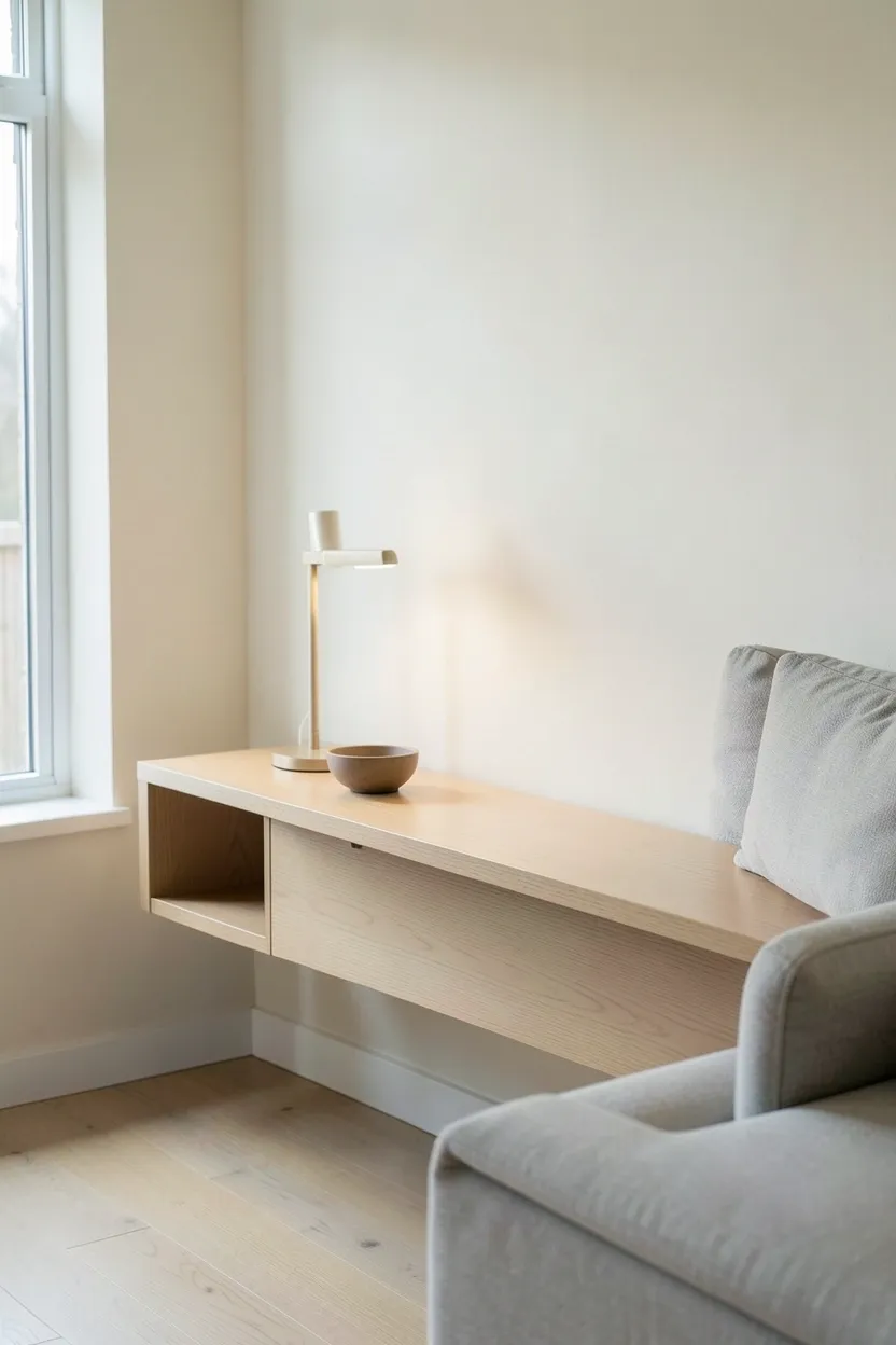 Slim natural oak console table behind a low sofa in a Japandi living room with a single lamp and small plant on top