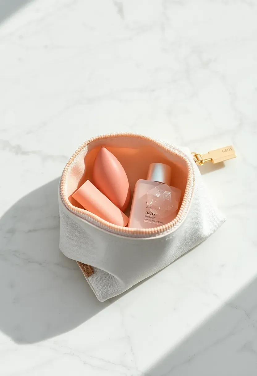 blush linen cosmetics pouch with lip balm tubes face lotion and rose quartz stone on marble