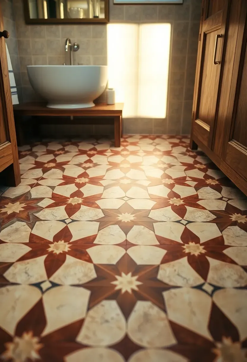Encaustic patterned cement tiles in terracotta and cream geometric design on a bathroom floor with wooden vanity