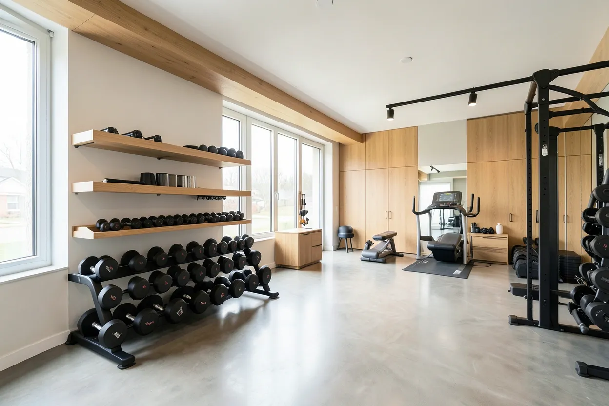 Stylish home gym storage wall with mounted dumbbell rack, pegboard organizer, and open shelving with bins — small apartment workout room, renter-friendly setup