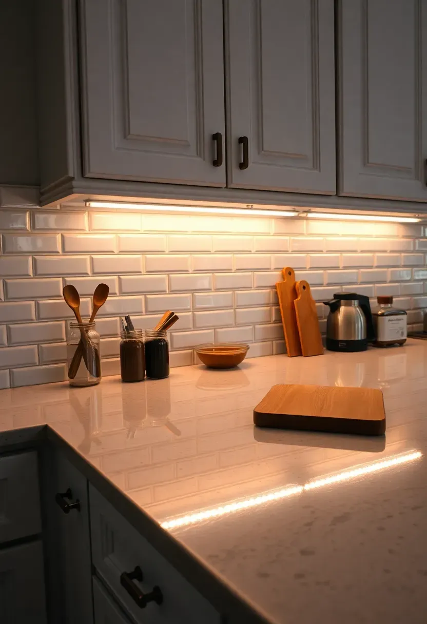 Modern kitchen showing bright LED strips mounted under upper cabinets illuminating a herringbone tile backsplash, with matching toe-kick LED strips at floor level creating a floating effect for the base cabinets
