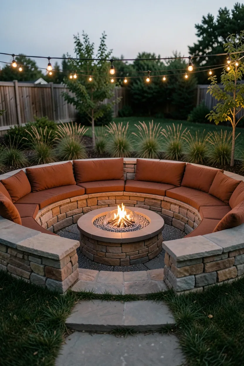 Hyper-realistic slightly elevated photograph of a backyard sunken fire conversation pit. Circular sunken seating area with stone walls and built-in cedar benches with thick cushions in rust and earth tones. Central gas fire pit with glass beads provides clean flames. Steps descend from surrounding lawn into the pit. Overhead string lights create canopy effect. Background shows ornamental grasses and small trees. Evening illumination. Materials: natural stone, cedar, gas firepit. Cozy gathering mood. Shallow depth of field, focus on fire pit and seating. No text, no logos, no watermarks.</p>