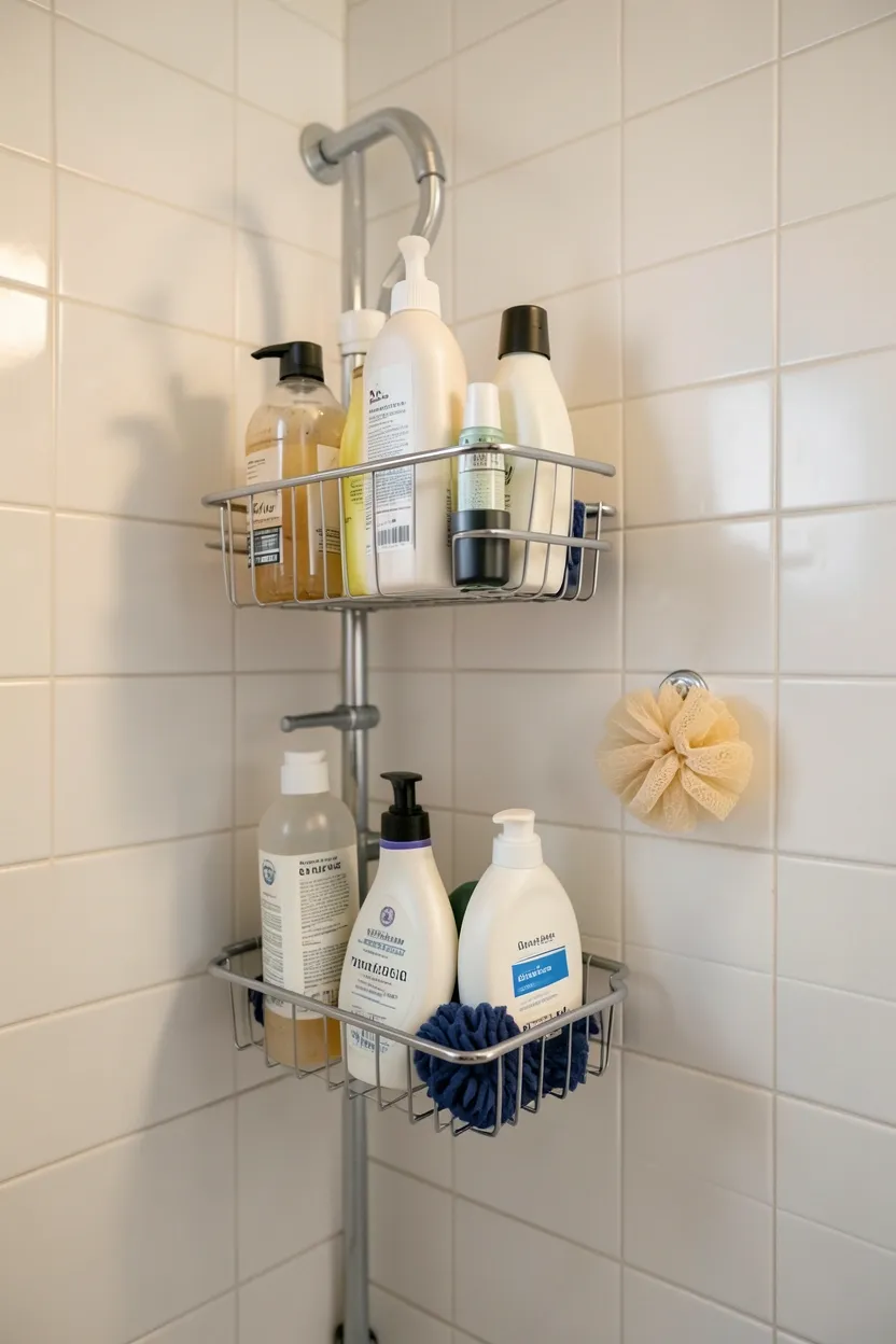 Tension rod shower caddy system with hanging wire baskets organizing shampoo and soap in a small apartment bathroom shower