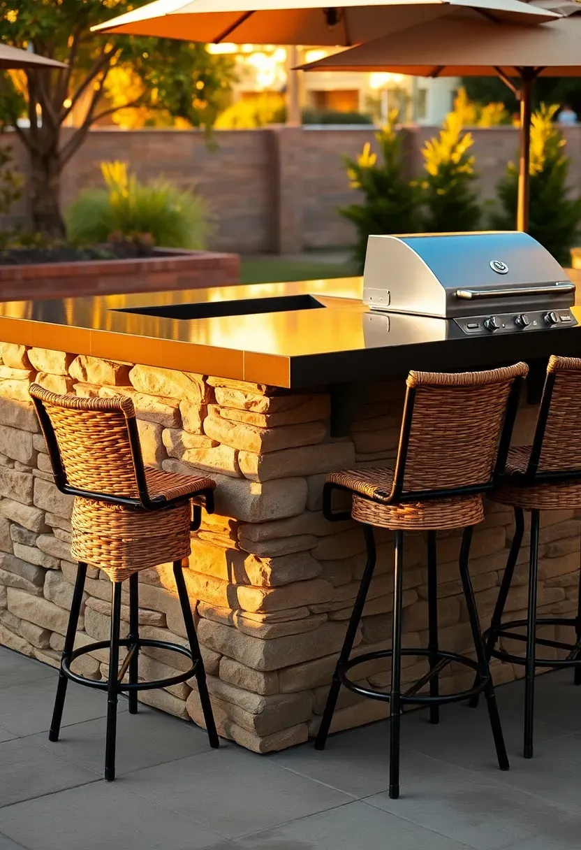 Bar-height outdoor kitchen island with tall stools on one side and a grill on the opposite side at standard counter height