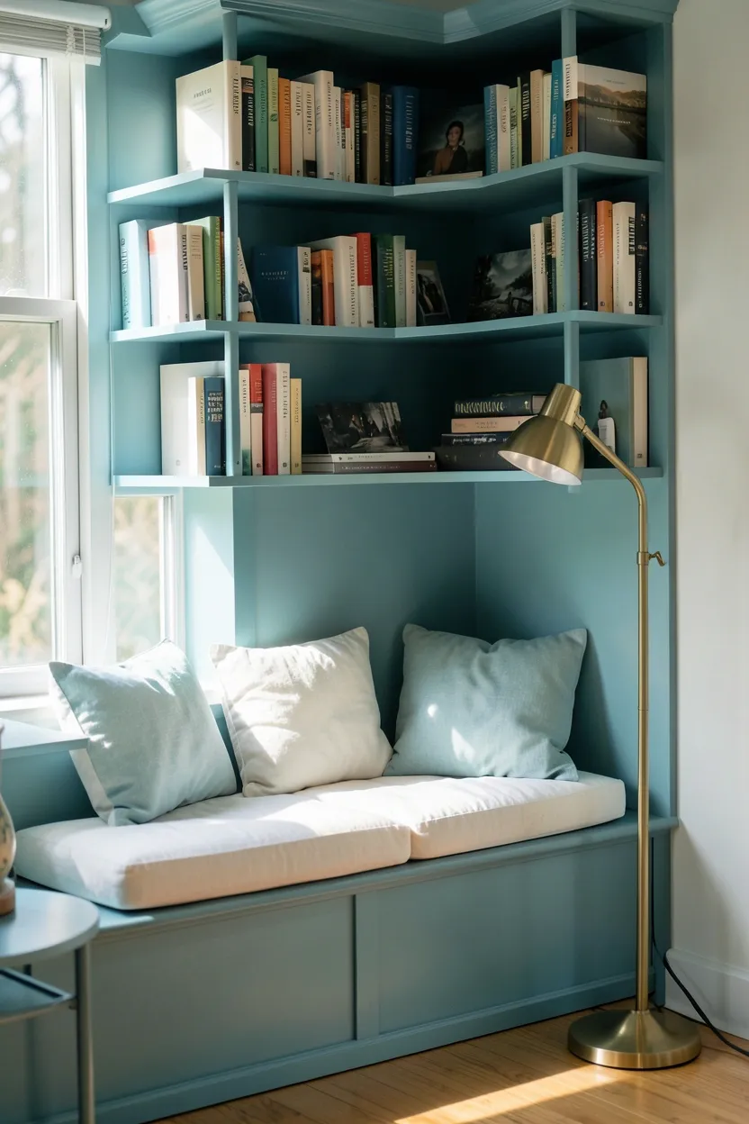 Hyper-realistic eye-level photograph of built-in bookshelf in aqua blue with books, featuring a comfortable reading nook with window seat below. Cushions in white and light blue, small side table, floor lamp in brass. Natural light from window above seat, cozy library-like atmosphere. Materials: painted aqua blue bookshelf, cotton cushions, brass floor lamp, wood floor. Morning sunlight streaming in, serene reading atmosphere. Shallow depth of field, sharp details on bookshelf and cushions, balanced composition showing nook and shelf. No text, no logos, no watermarks.</p>