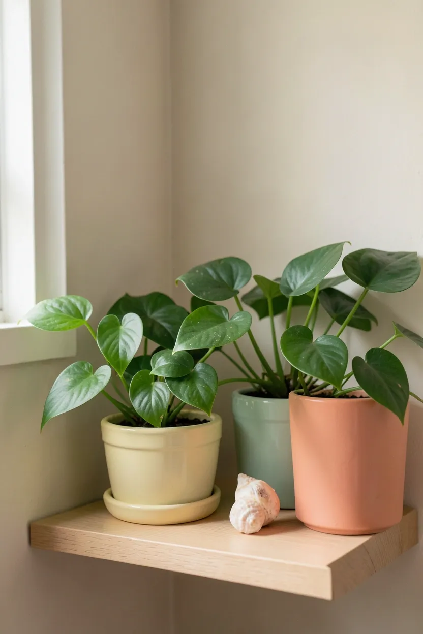Corner of a Toca Boca big family bathroom with a pothos, spider plant, and bamboo in decorative colorful pots arranged on a small plant stand
