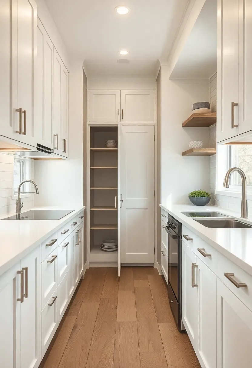Hyper-realistic 3/4 view of a tiny house kitchen galley with pull-out pantry extended, narrow aisle, upper cabinets to ceiling. Materials: white oak floor, matte white cabinets, brushed steel pulls, white quartz counters. Warm diffused window light, creamy neutrals with steel accents. Mood: efficient, compact, organized. Shallow depth of field, sharp details, balanced composition, soft shadows, visible room context. No text, no logos, no watermarks.</p>