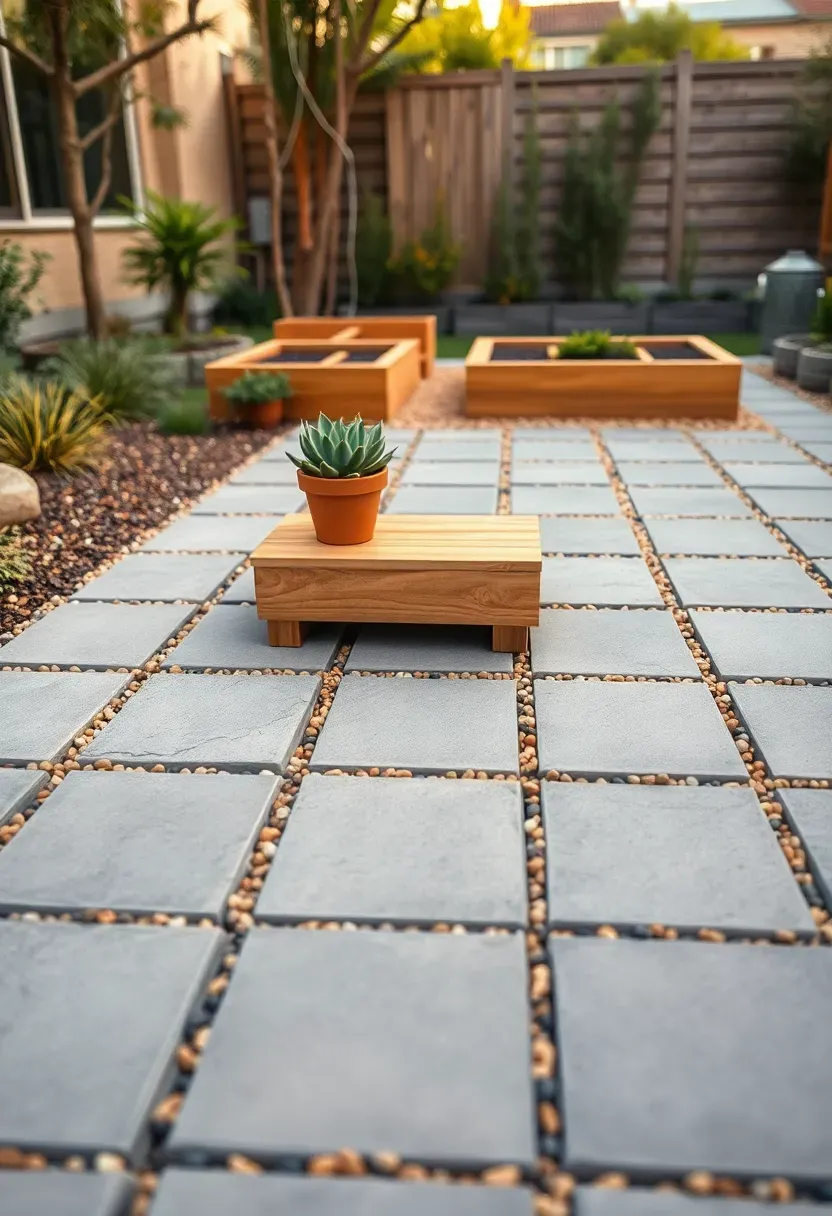 Paver and pea gravel hybrid patio with rectangular pavers spaced apart and gravel filling the gaps