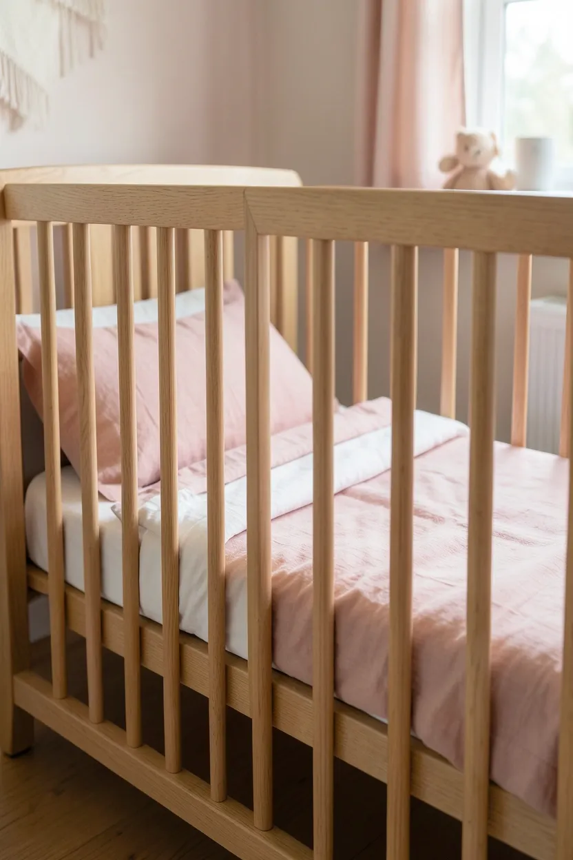 Light oak wooden crib with dusty rose boho bedding and white organic cotton sheets in pink nursery