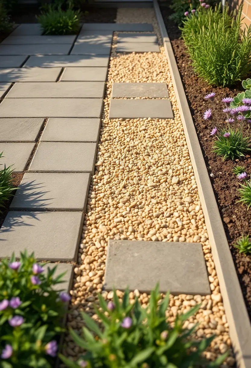 A creative mixed-material backyard walkway combining large stone pavers with gravel sections and low border plantings