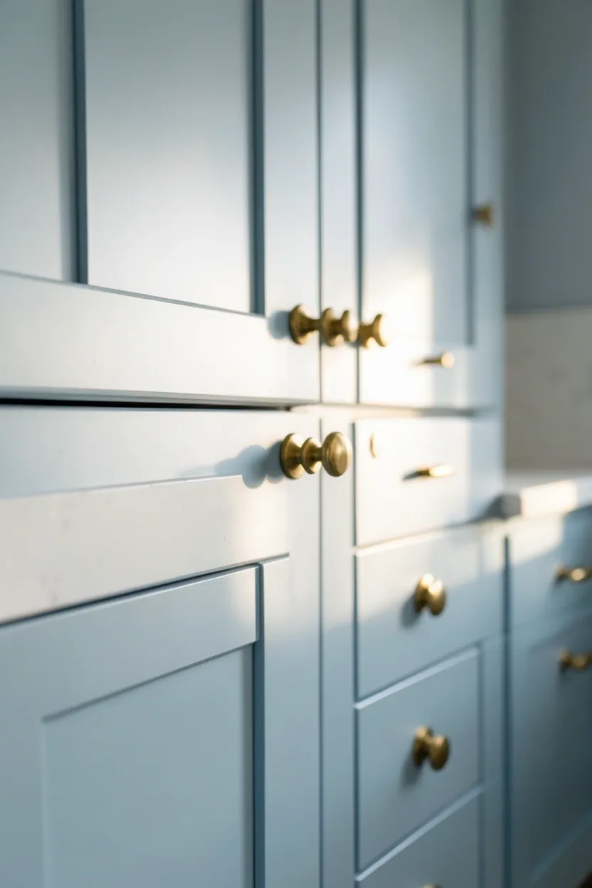Soft Blue Shaker Cabinets with Brass Hardware
