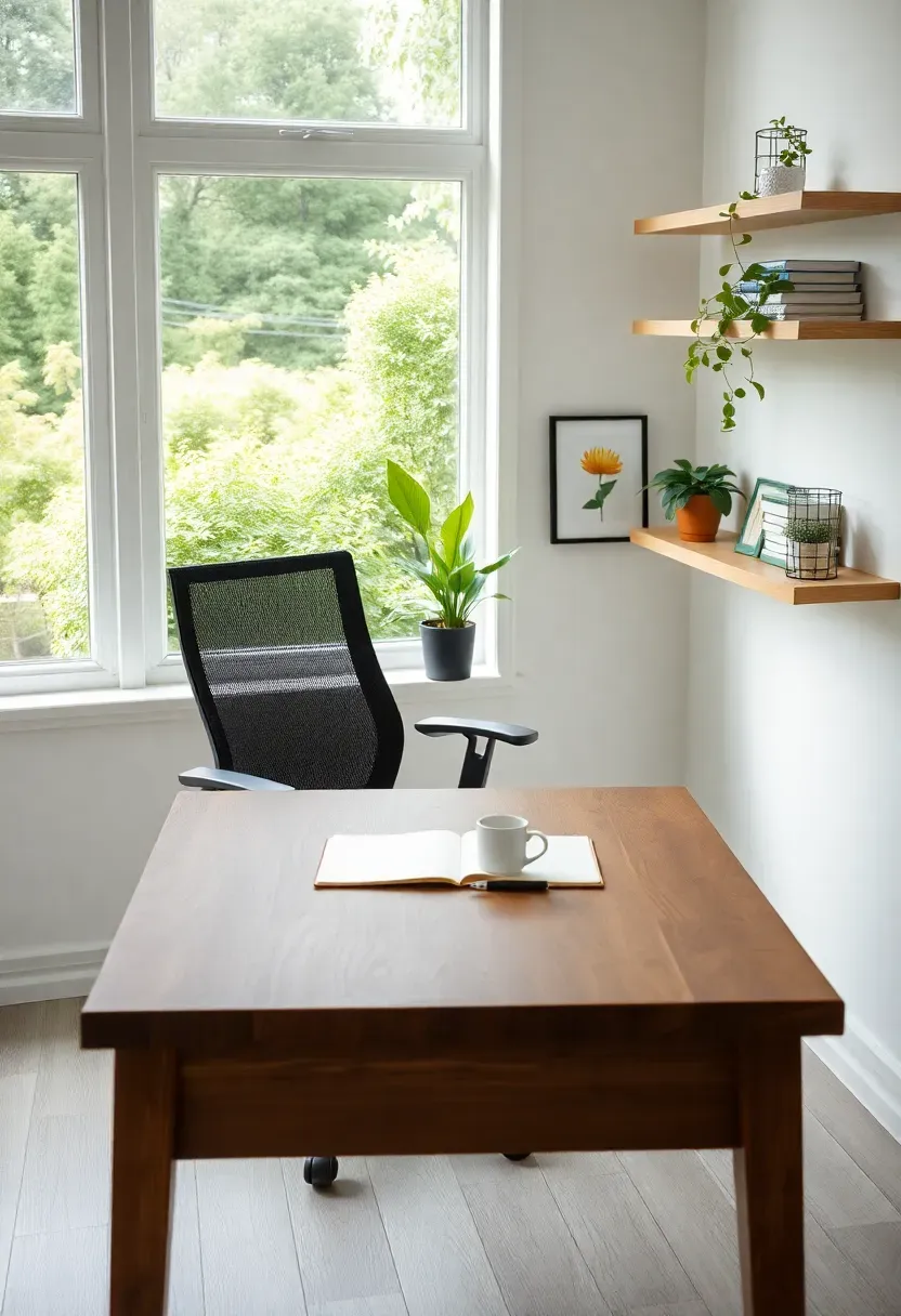 Bright sunroom home office with wood desk facing garden windows, ergonomic chair, floating shelves, and green plants on the windowsill