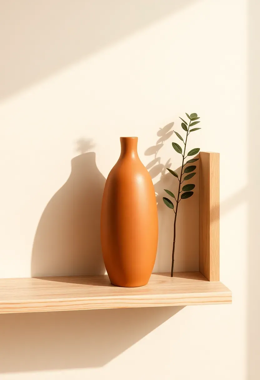 Single tall terracotta vase placed at the right third of a bare floating wood shelf — anchor object set before any other styling, demonstrating placement off-center on the shelf