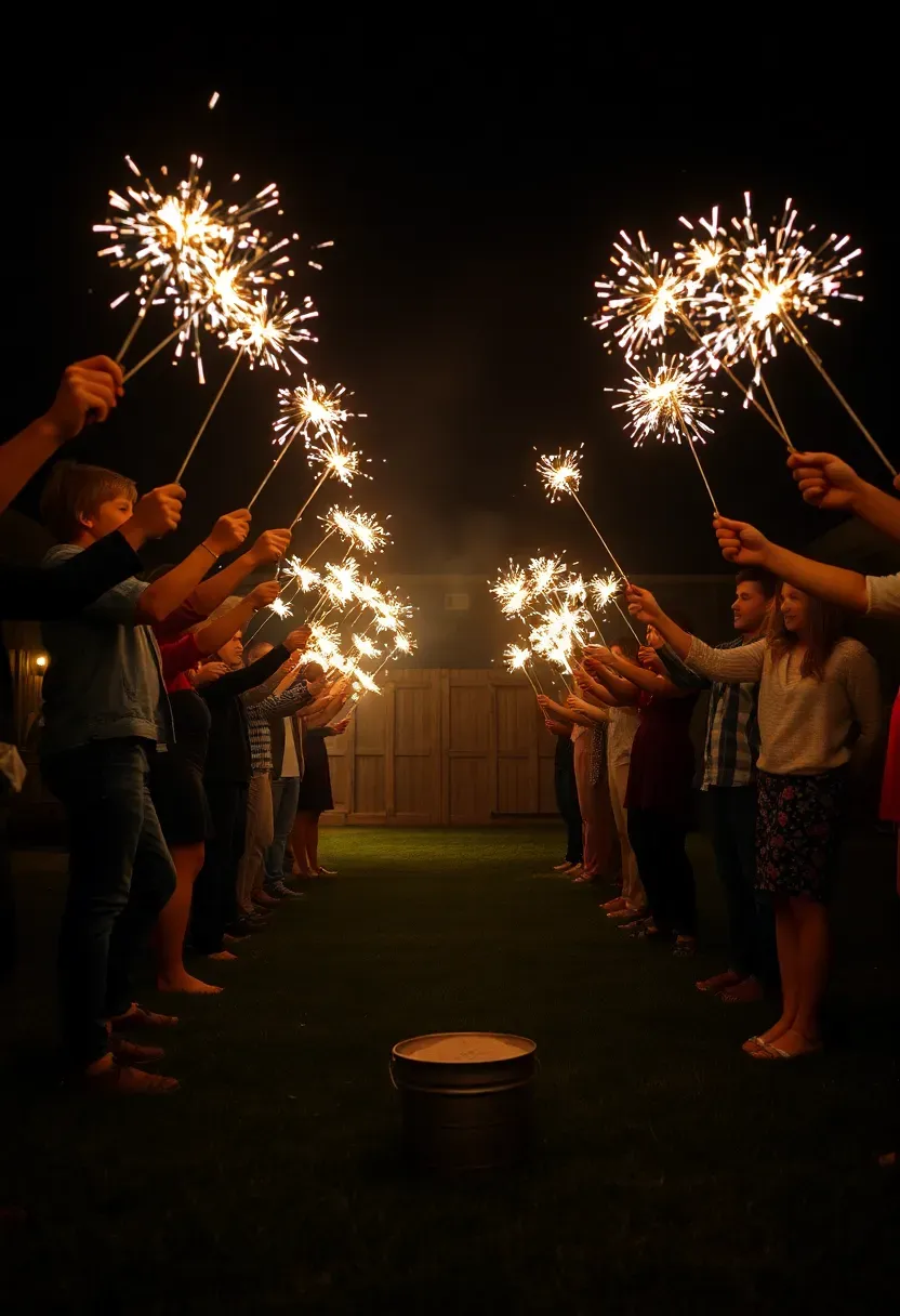 Teens holding lit sparklers in a backyard at night forming a glowing tunnel as a send-off finale for a sweet 16 birthday party