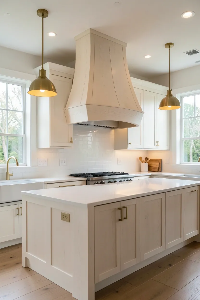 Hyper-realistic wide shot of a modern kitchen featuring statement range hood. Large white oak range hood with curved design and visible seams hangs over professional-style range. Hood provides dramatic focal point drawing eye upward. White oak shaker cabinets surround hood and extend throughout kitchen. Large island in same white oak with waterfall edge. White quartz countertop. Brass hardware on all cabinets. Three modern pendant lights in brass flanking hood. Warm ambient lighting highlights hood as architectural element. Natural light from windows. Clean surfaces. No text, no logos, no watermarks.</p>