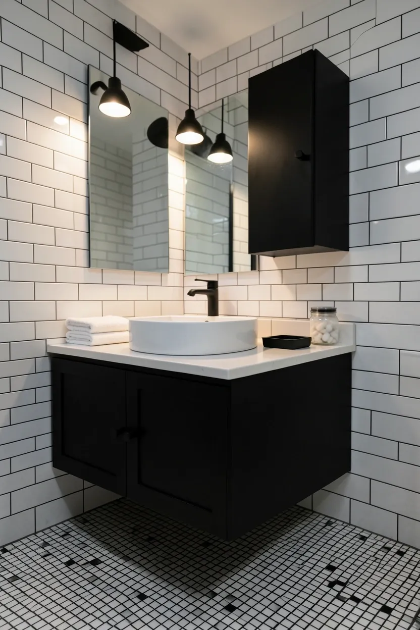 Black and white mosaic tile floor with small-scale pattern paired with floating vanity — artistic monochrome bathroom