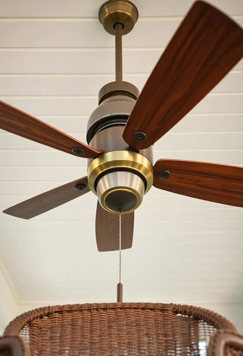 Large outdoor ceiling fan with wide wooden blades spinning on a covered backyard porch ceiling
