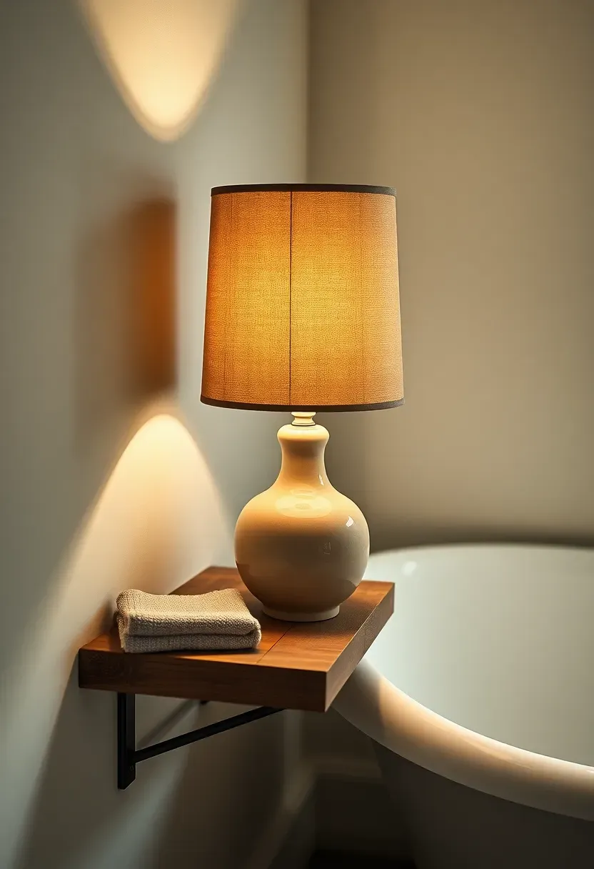 Small ceramic table lamp with a linen shade sitting on a wooden shelf beside a bathtub in a cozy bathroom