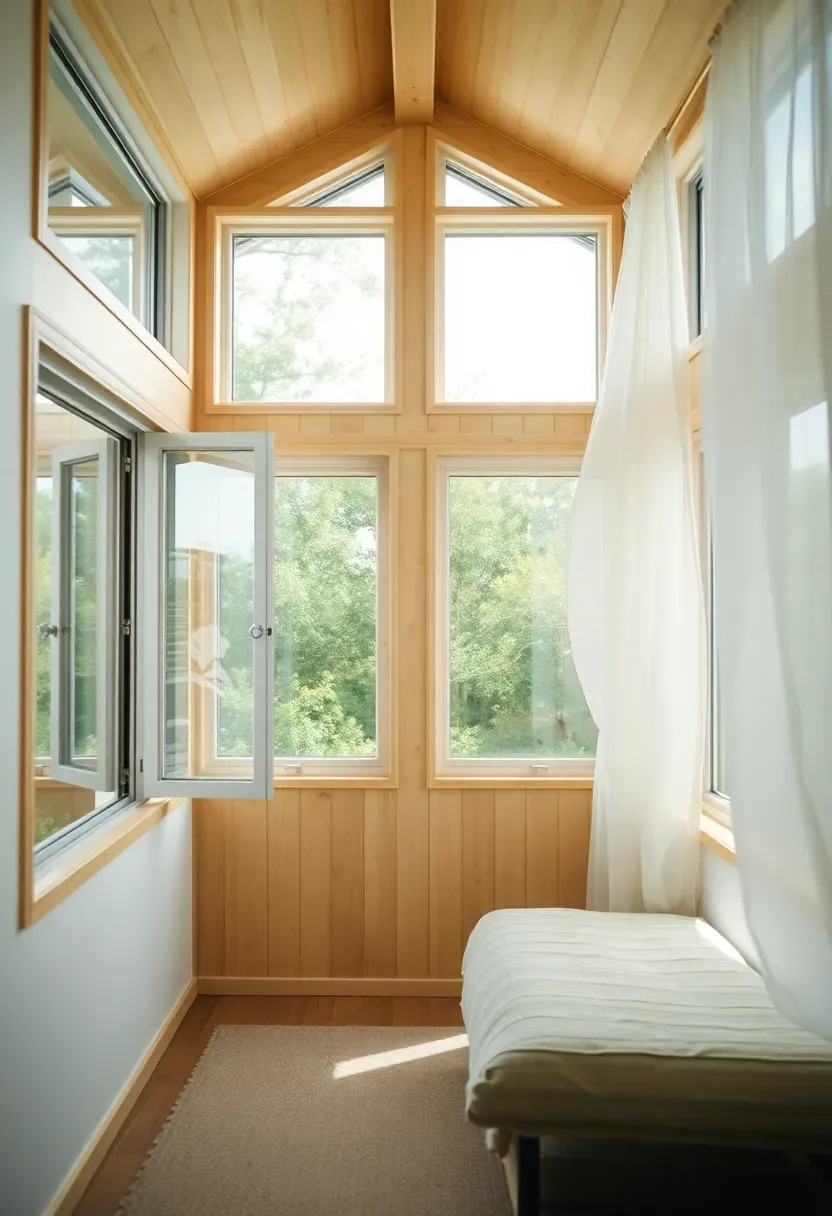 Hyper-realistic 3/4 view of a tiny house interior showing cross-ventilation with windows open on opposite walls, sheer curtains gently moving in breeze. Materials: light wood interior, white walls, large operable windows, light fabric curtains. Fresh airy atmosphere, natural ventilation design. Passive cooling strategy, sustainable comfort. Shallow depth of field, outdoor greenery visible through windows. No text, no logos.</p>