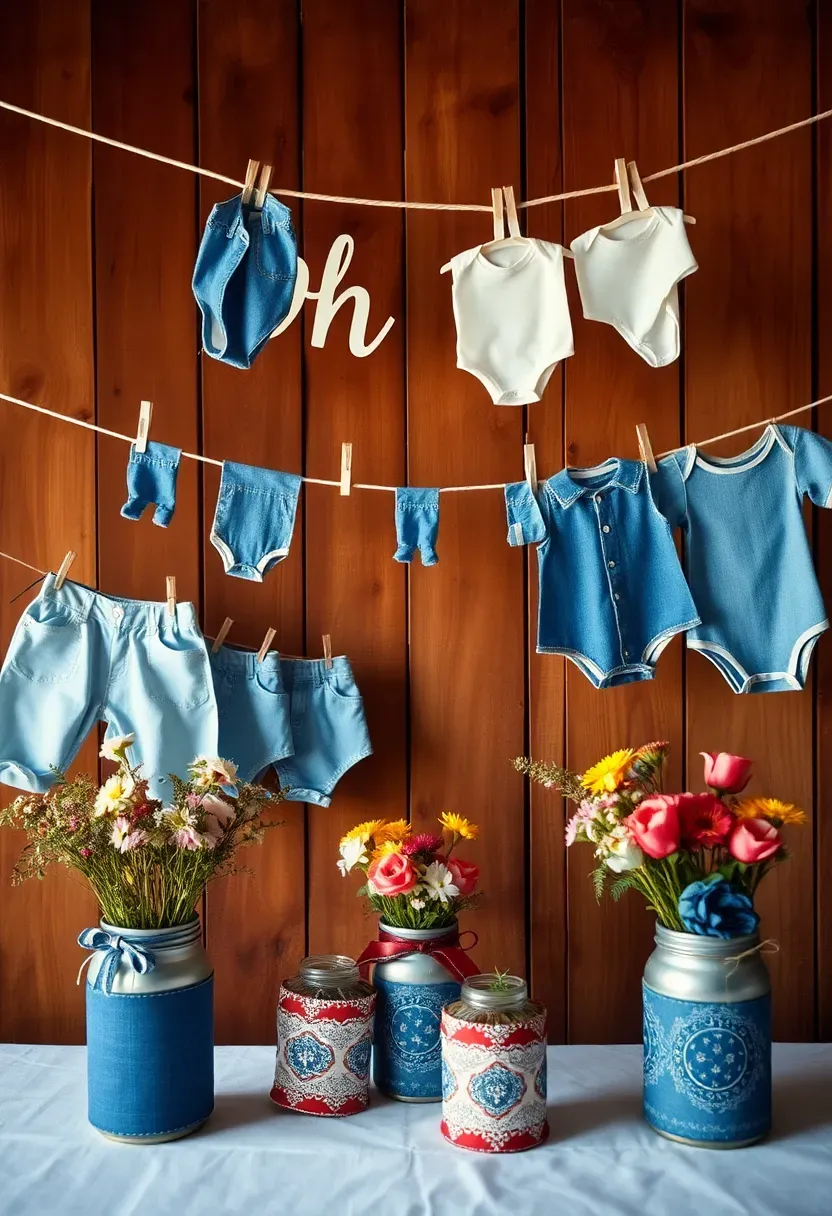 vintage denim themed baby shower with tiny jeans bunting and oh boy banner