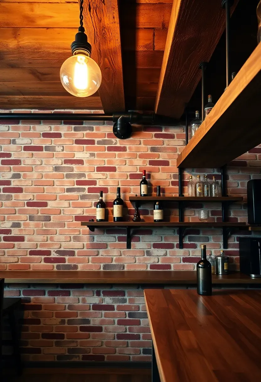 reclaimed thin brick veneer backsplash in a rustic home bar with wood beam ceiling