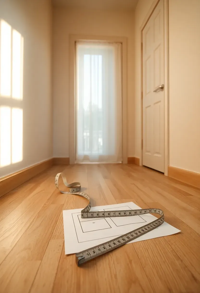Empty small bedroom with measuring tape on the floor and a room layout sketch on graph paper beside a window