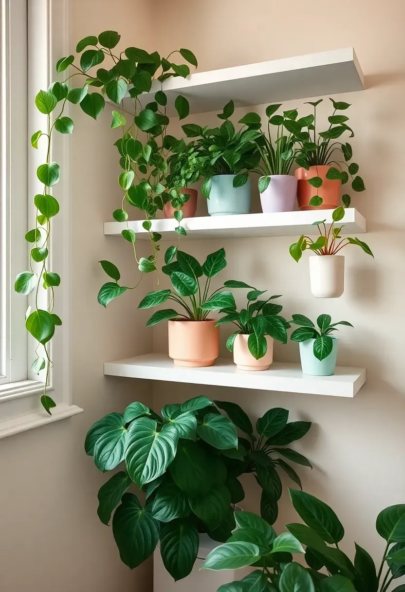 Bathroom corner filled with tropical plants in pastel ceramic planters on tiered shelving