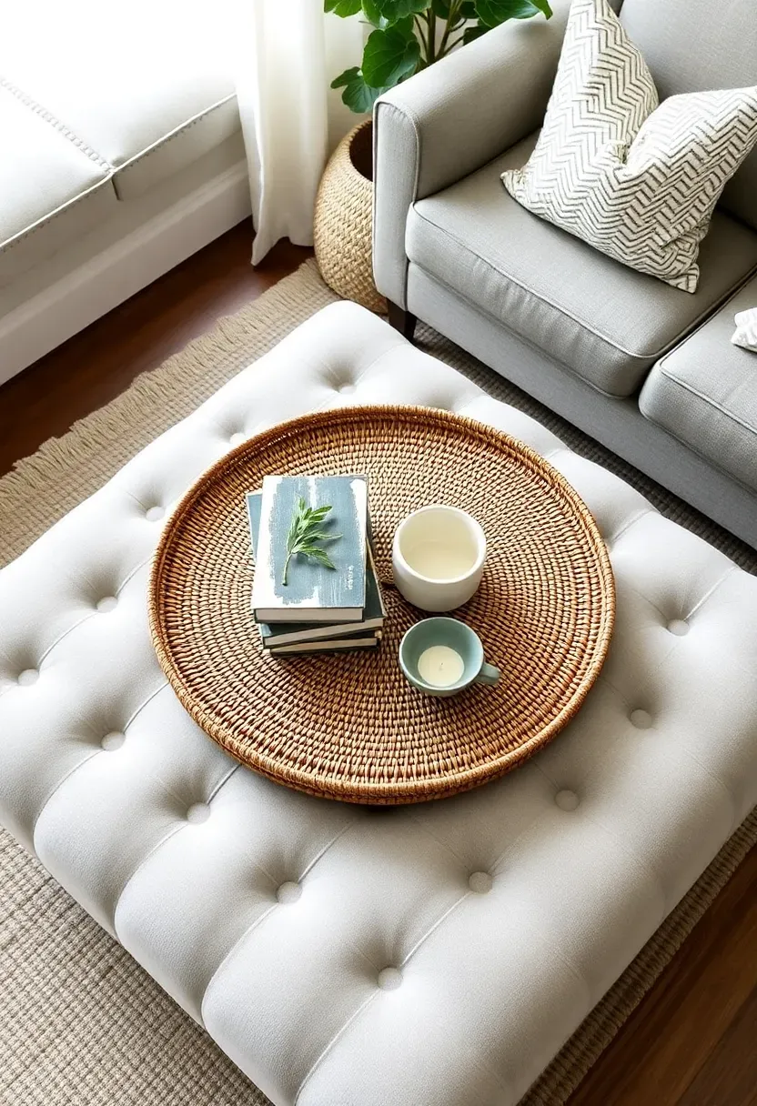 All-white Scandinavian round ceramic tray with matte white candle, glossy stoneware mug, and folded linen napkin on a pale oak table