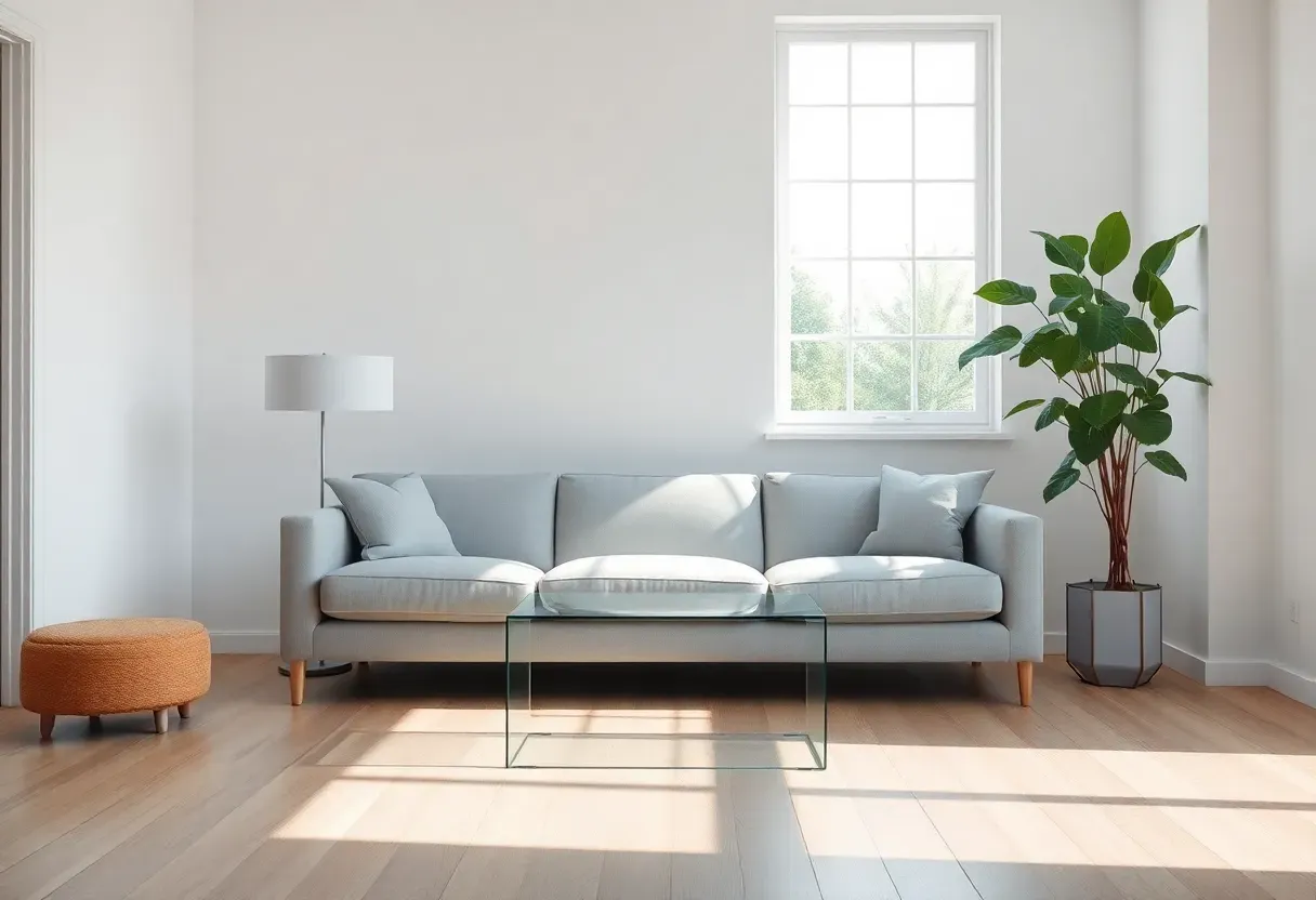 Minimalist living room with gray couch creating welcoming space