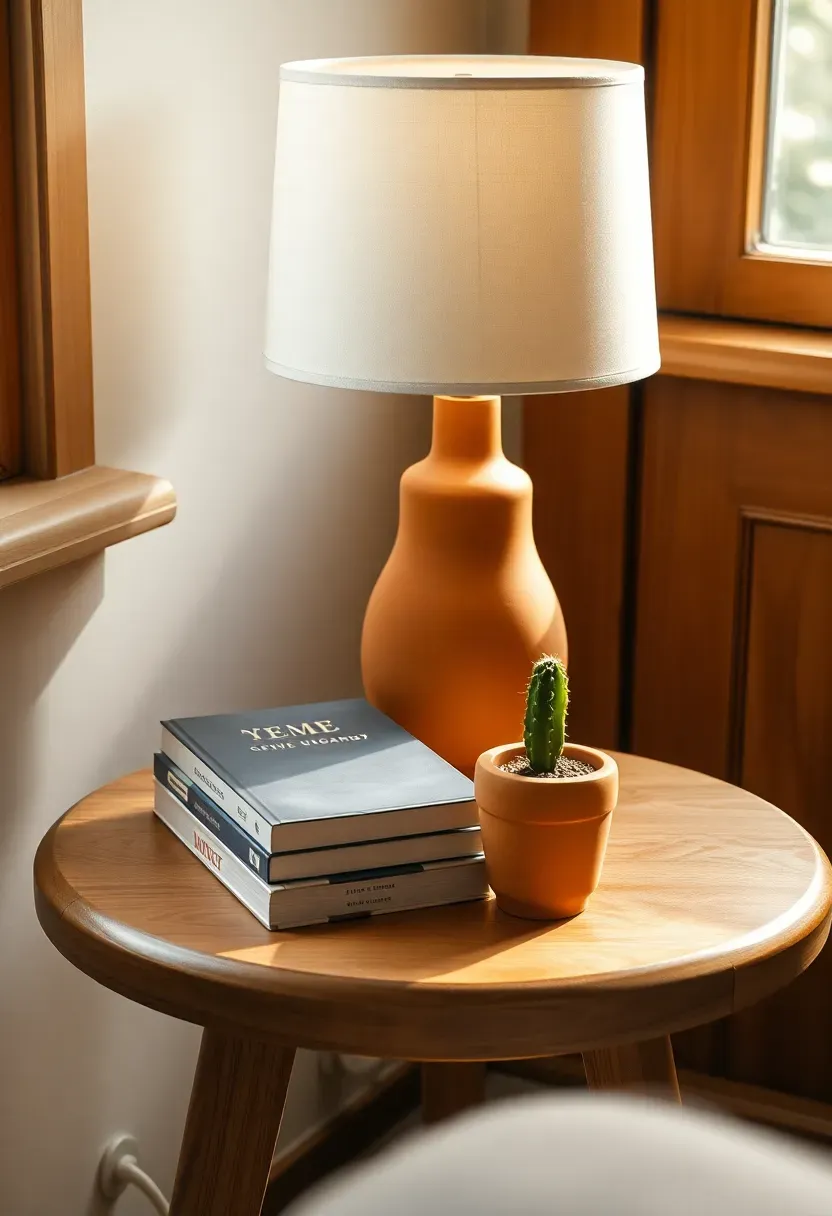 thrifted wooden side table with lamp and book stack in a sunroom reading corner