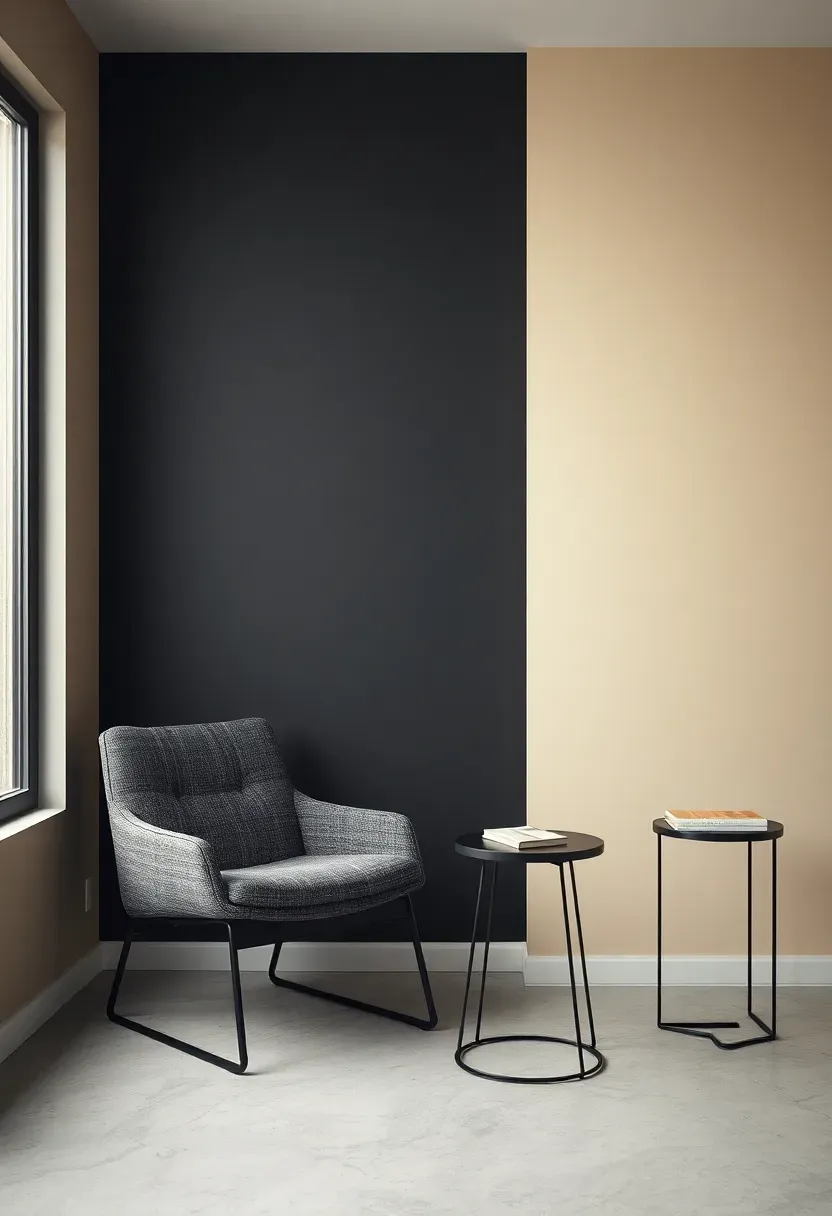 Modern minimalist room with a bold charcoal and cream color-blocked accent wall divided at chair rail height with sleek furniture