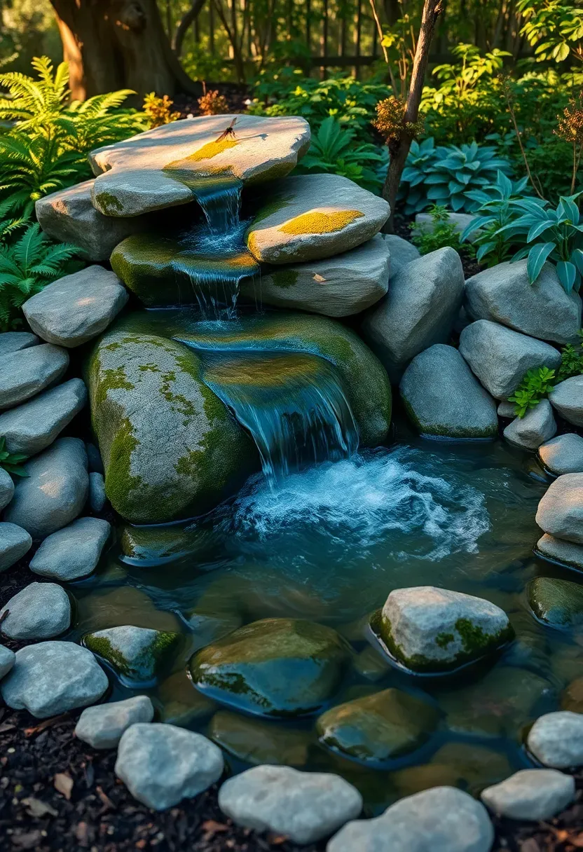 Backyard water feature with a natural boulder stream cascading into a small pond surrounded by ferns, mosses, and river stones
