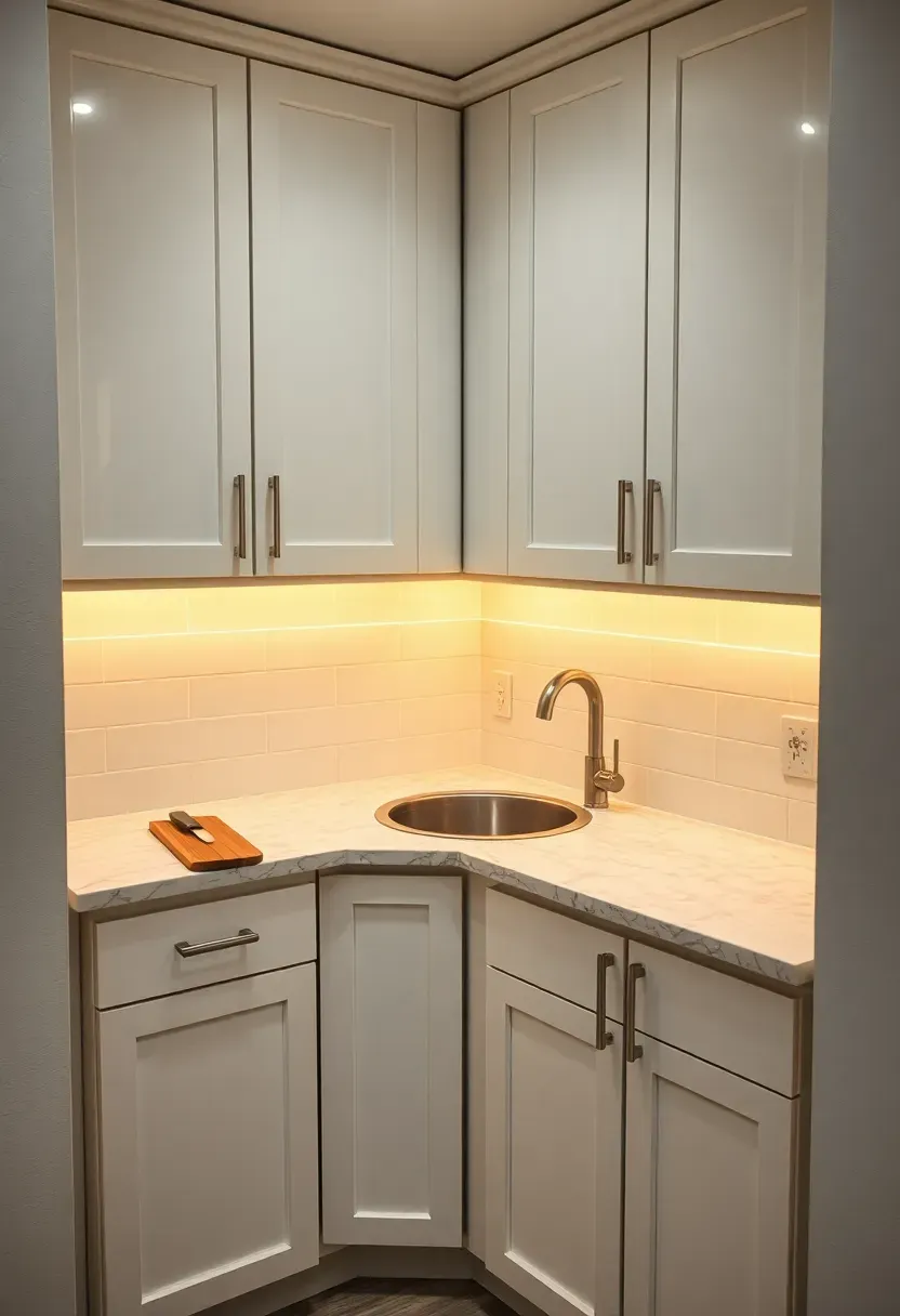 Small corner basement kitchenette with L-shaped counter fitting into a corner, upper cabinets on both walls, and a compact sink in the corner