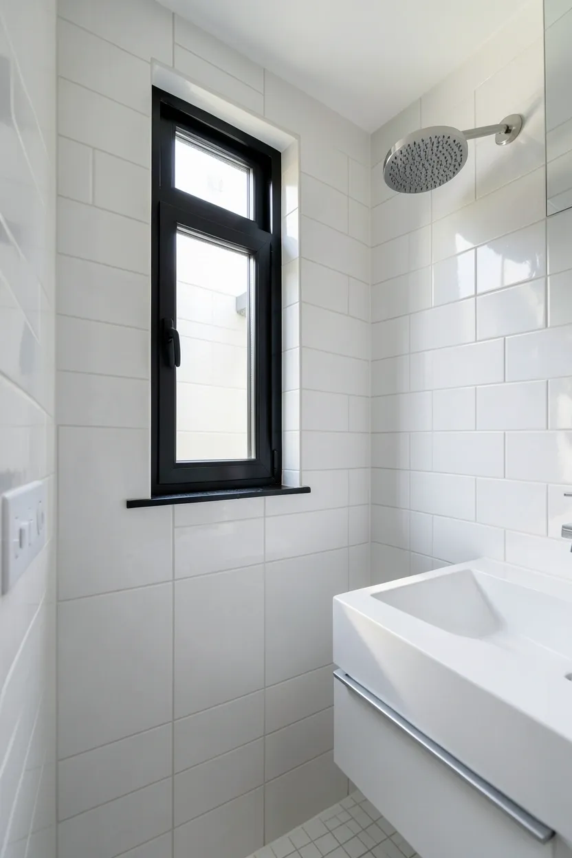 Matte black window frame providing modern contrast against white subway tiles in a bright small bathroom