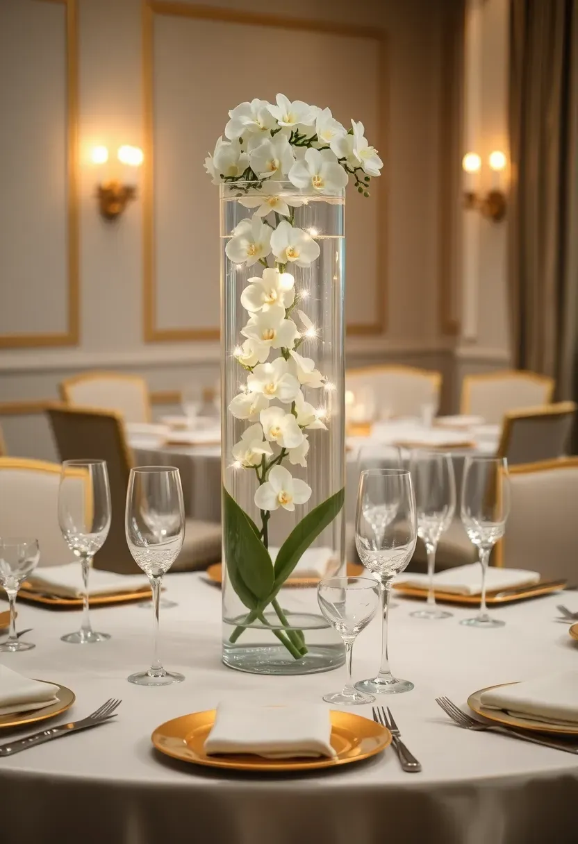 Round table with a tall floral centerpiece tower surrounded by elegant place settings and crystal glasses