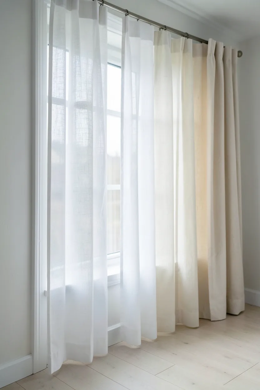 Sheer white linen curtains on floor-to-ceiling rods letting natural light into a Japandi bedroom
