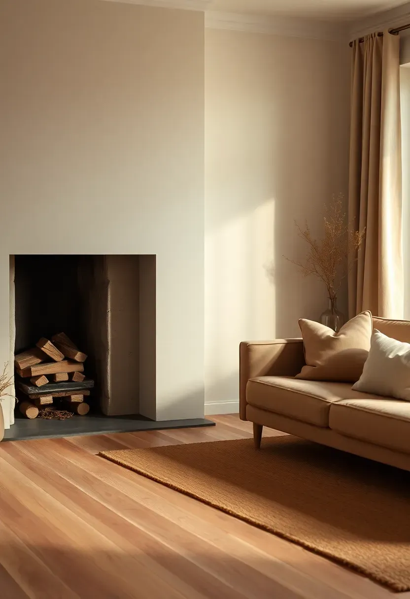 Plaster surround with earth-tone rug island