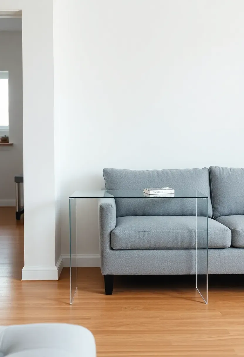 Hyper-realistic view of small minimalist living room featuring transparent glass console table against white wall behind small gray sofa, minimal objects on table, visible floor and wall through glass, apartment living room, oak floor. Materials: clear tempered glass top, minimal metal or acrylic legs, white walls, gray sofa, oak floor. Natural light, visually light airy mood. Nearly invisible furniture preserving space, shallow depth of field, no text, no logos, no watermarks.</p>