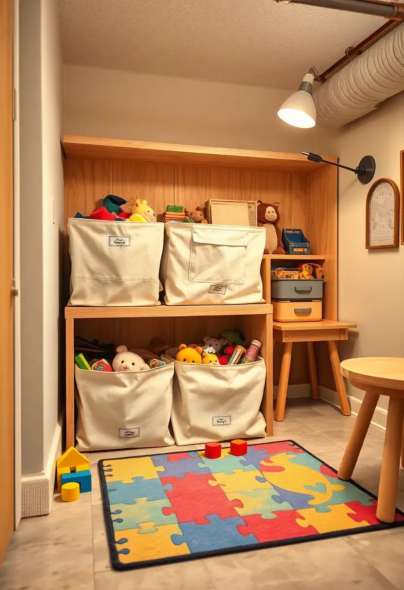 Bright basement corner with low open shelving bins full of sorted children's toys, a play mat on the floor, and a rotation schedule on the wall