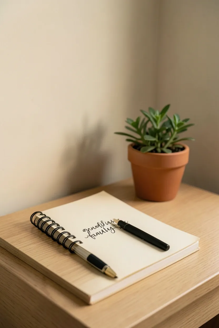 Calm minimalist morning routine — journal, water glass, and candle on a clean bedside table in a rental bedroom