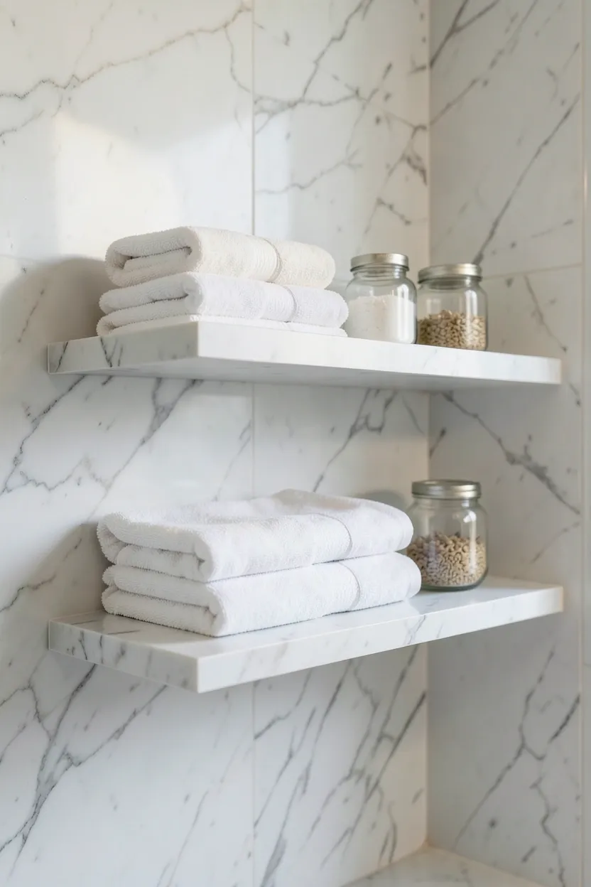 Wood floating bathroom shelves with neatly folded white towels and apothecary jar accessories in an elegant space