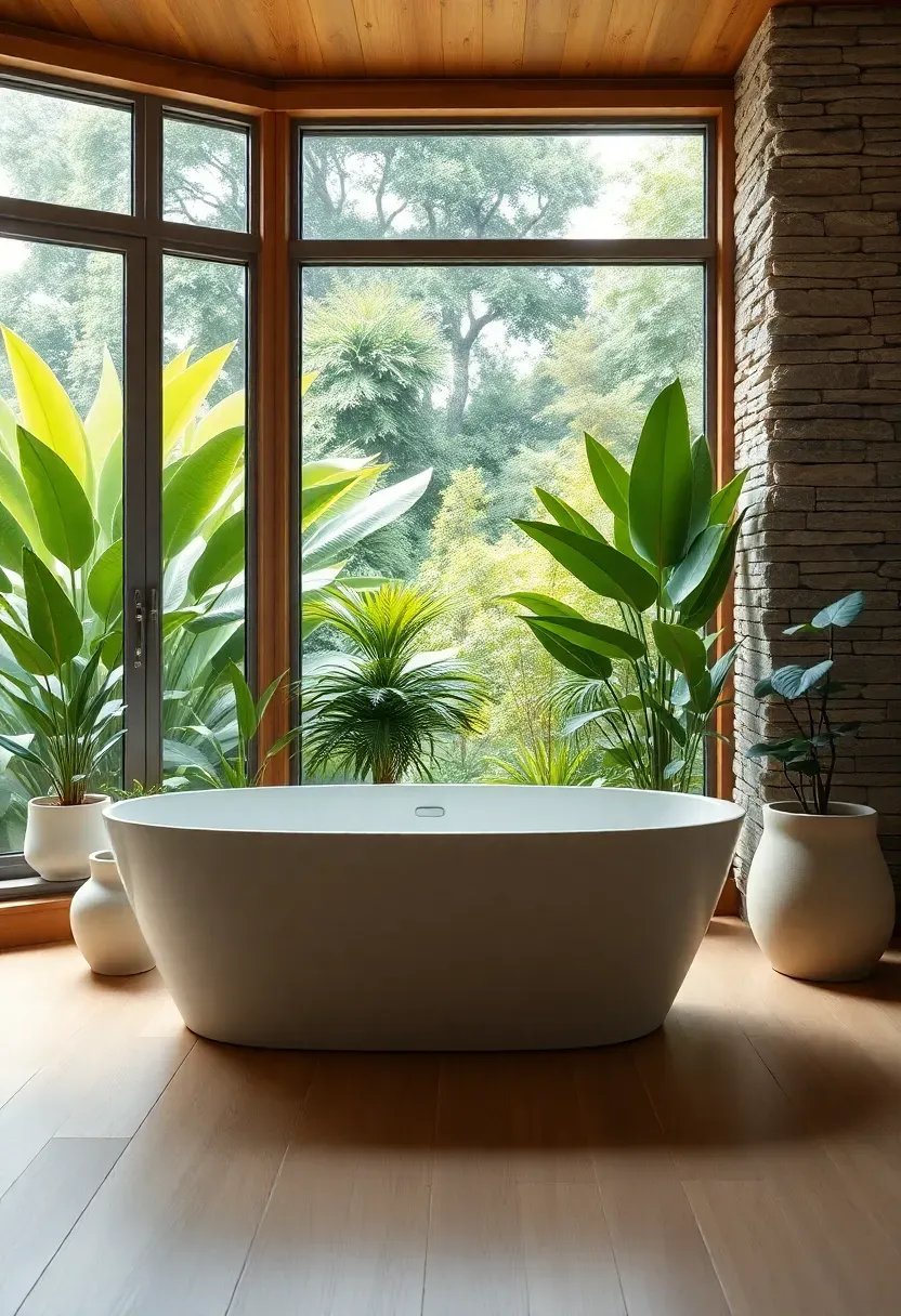 Bathroom with large windows overlooking lush garden creating indoor-outdoor sanctuary experience