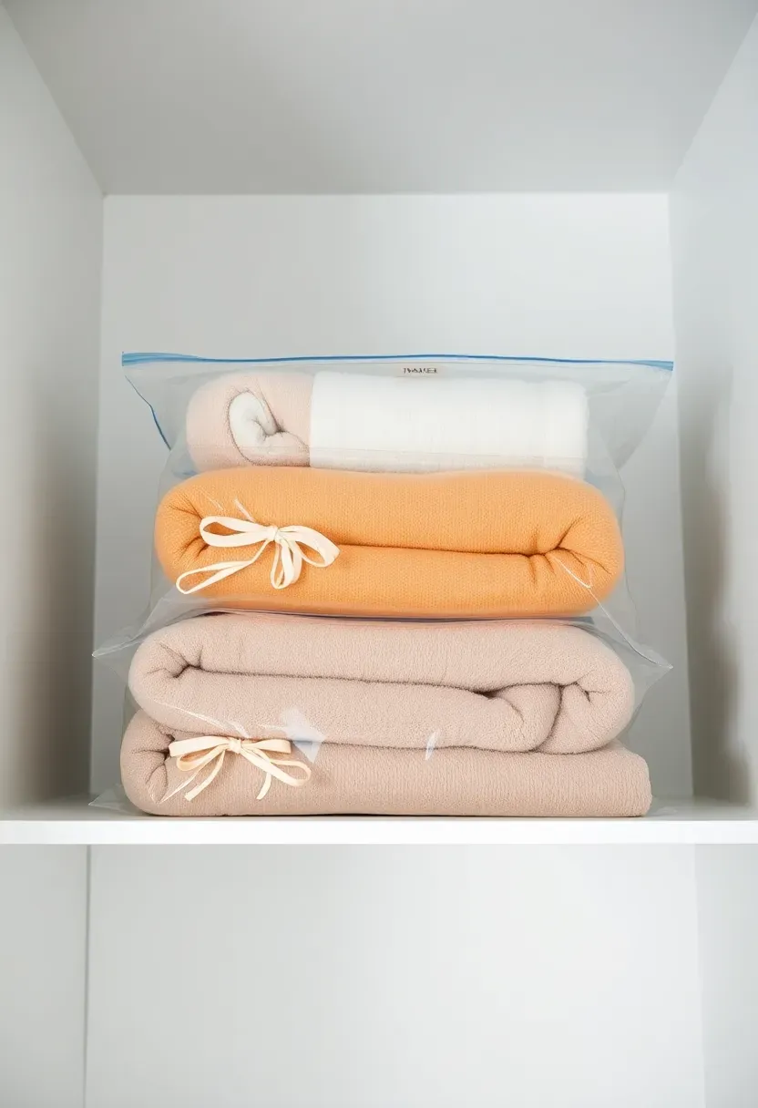 Vacuum-sealed flat storage bags on the top shelf of a bathroom closet holding compressed extra blankets and towels
