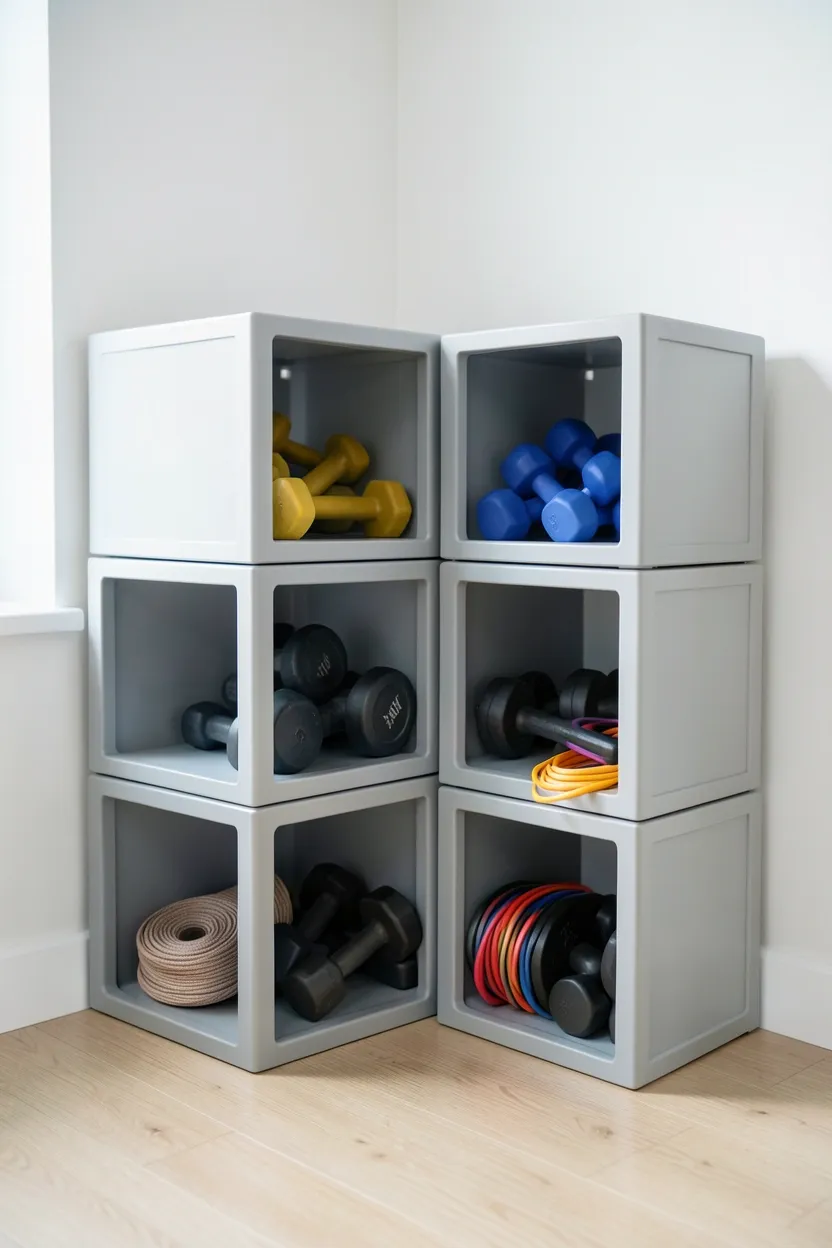 Modular stackable cube storage units holding gym equipment by type — flexible home gym organization for small workout spaces