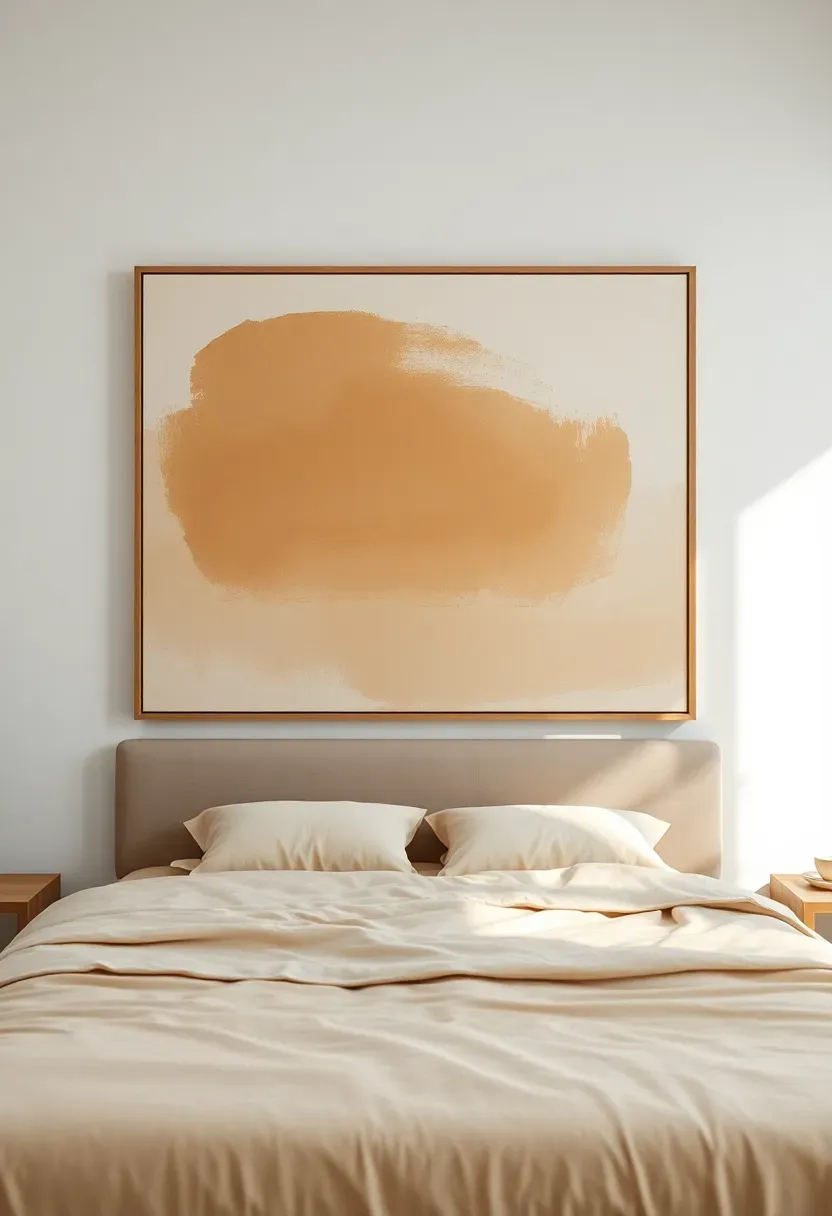 modern bedroom with an oversized abstract art piece in earth tones hanging above a low bed with minimal neutral bedding