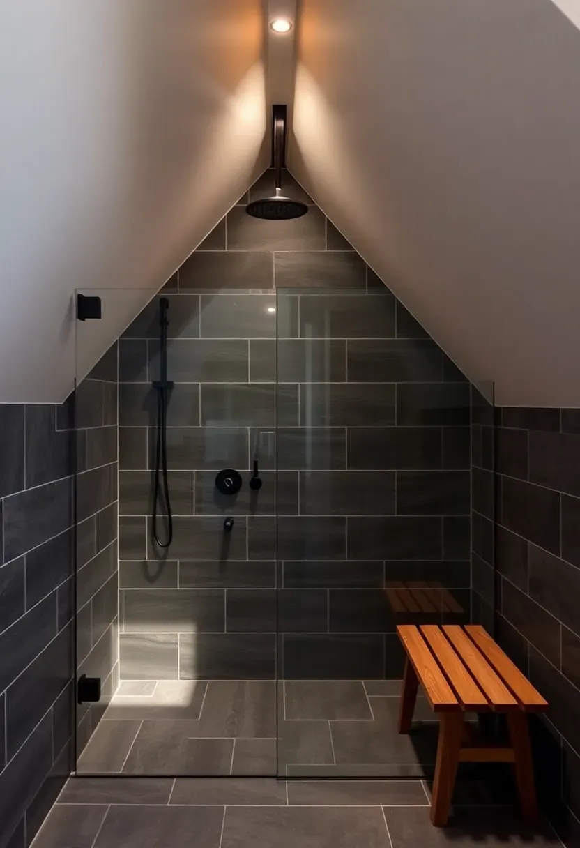 Attic bathroom shower built into the eave angle with frameless glass following the roofline slope, charcoal tiles, rainfall shower head at the ceiling peak, and teak bench