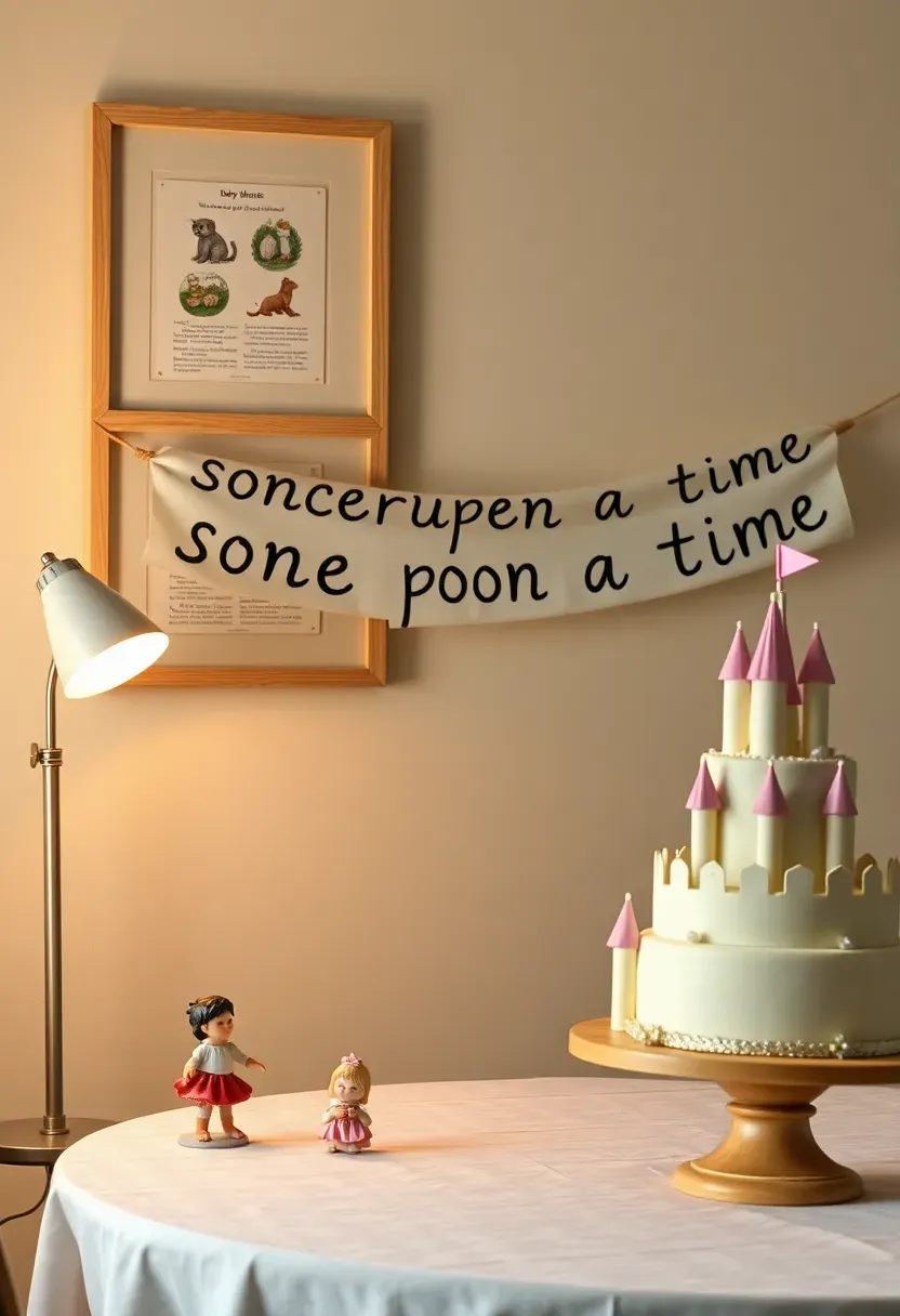 storybook nursery rhyme baby shower with oversized book page wall art character figurines a once upon a time banner and a fairy tale castle cake