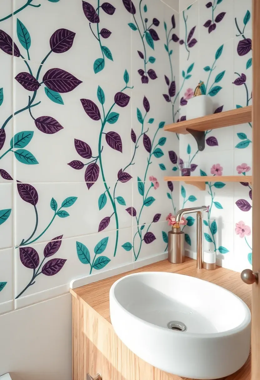 Nature-inspired playful bathroom with organic shapes and leaf patterns in vibrant colors